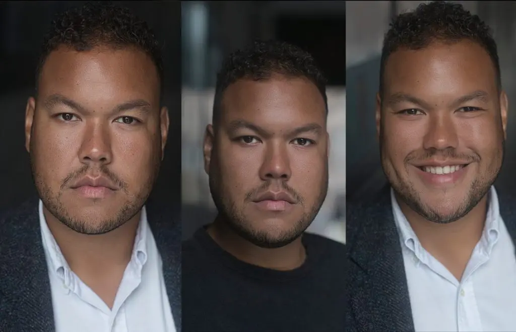 Three actor headshots of the same man showing different expressions and wardrobe