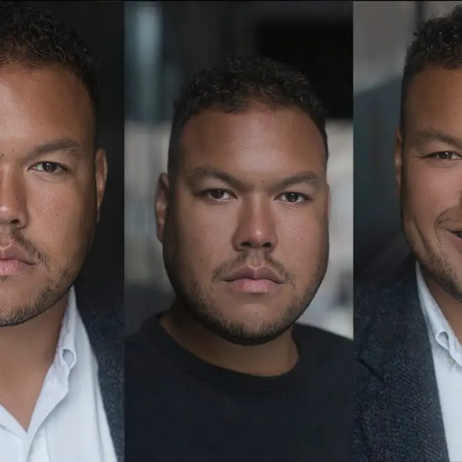 Three actor headshots of the same man showing different expressions and wardrobe
