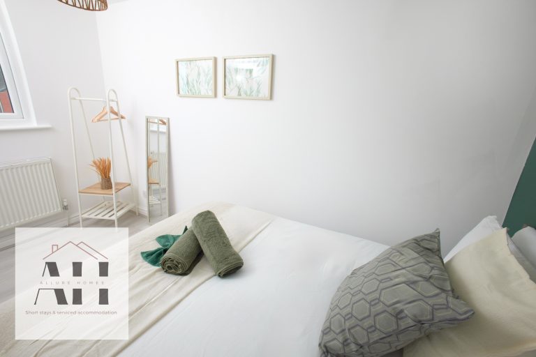 Styled bedroom in a Liverpool serviced accommodation property, photographed for short-let and Airbnb marketing
