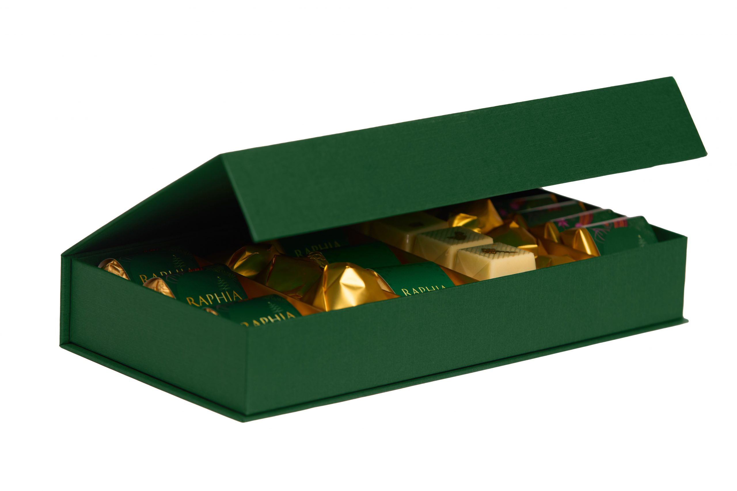 E-commerce product photography of an open Raphia chocolates gift box, Liverpool product photography