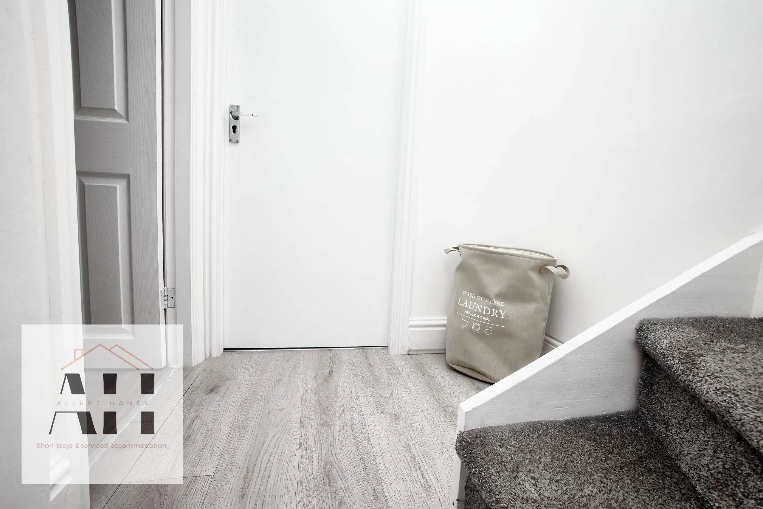 Hallway and staircase photographed for a Liverpool short-let rental property
