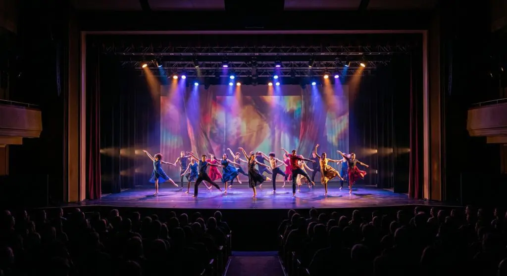 Dance company on stage during a show, photographed from the back of the auditorium