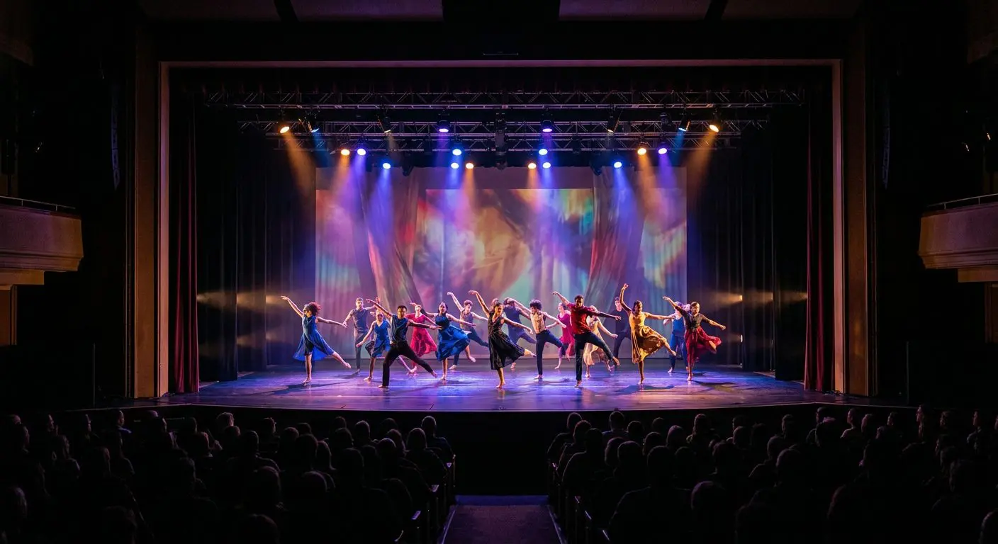 Dance company on stage during a show, photographed from the back of the auditorium