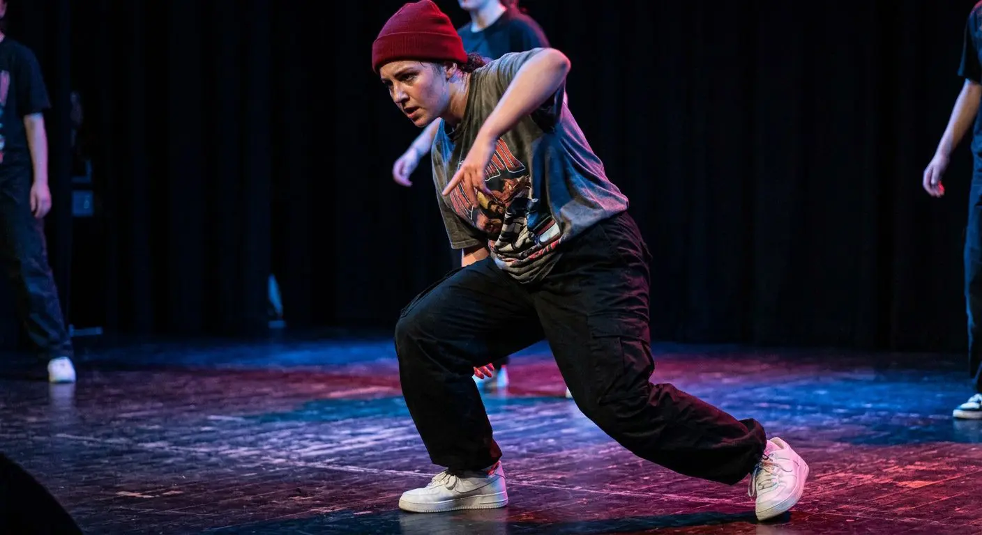 Street dance performer mid-move under stage lighting