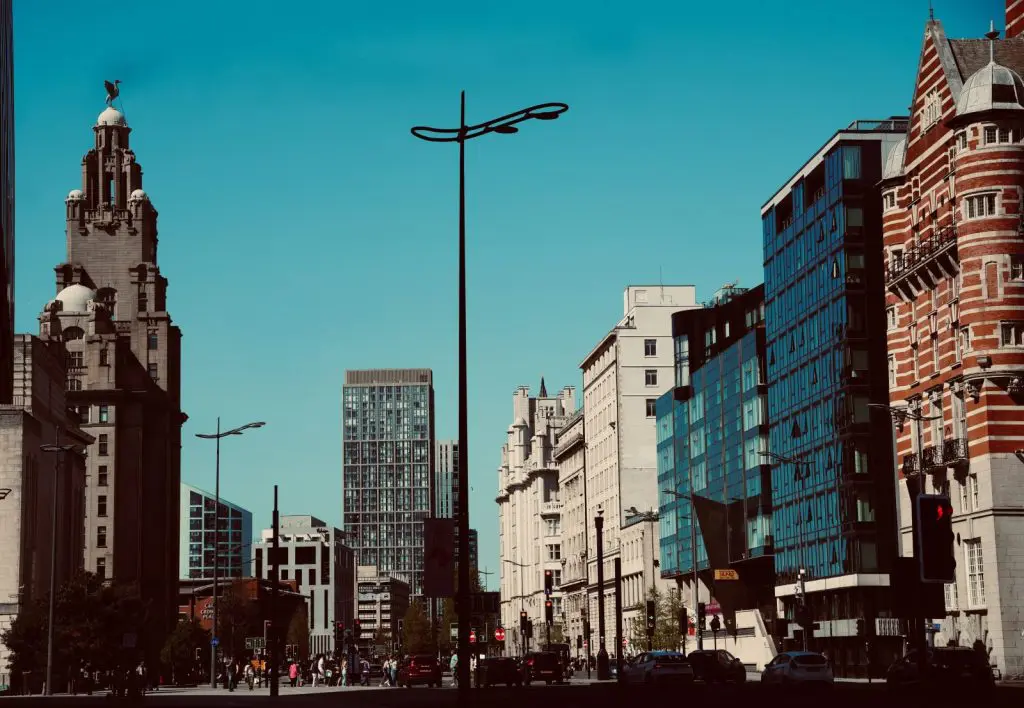The Royal Liver Building beside modern office blocks in Liverpool’s business district