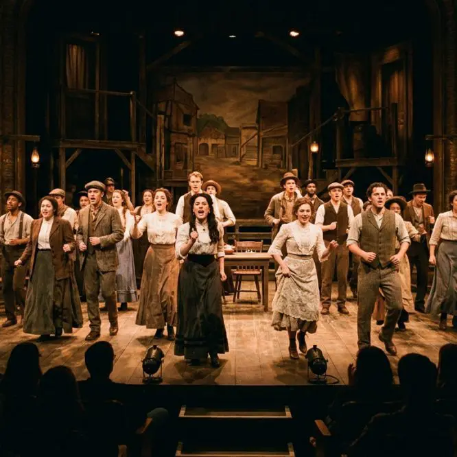 Full musical theatre cast on stage on a period set during a production