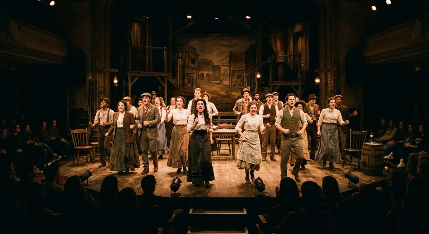 Full musical theatre cast on stage on a period set during a production