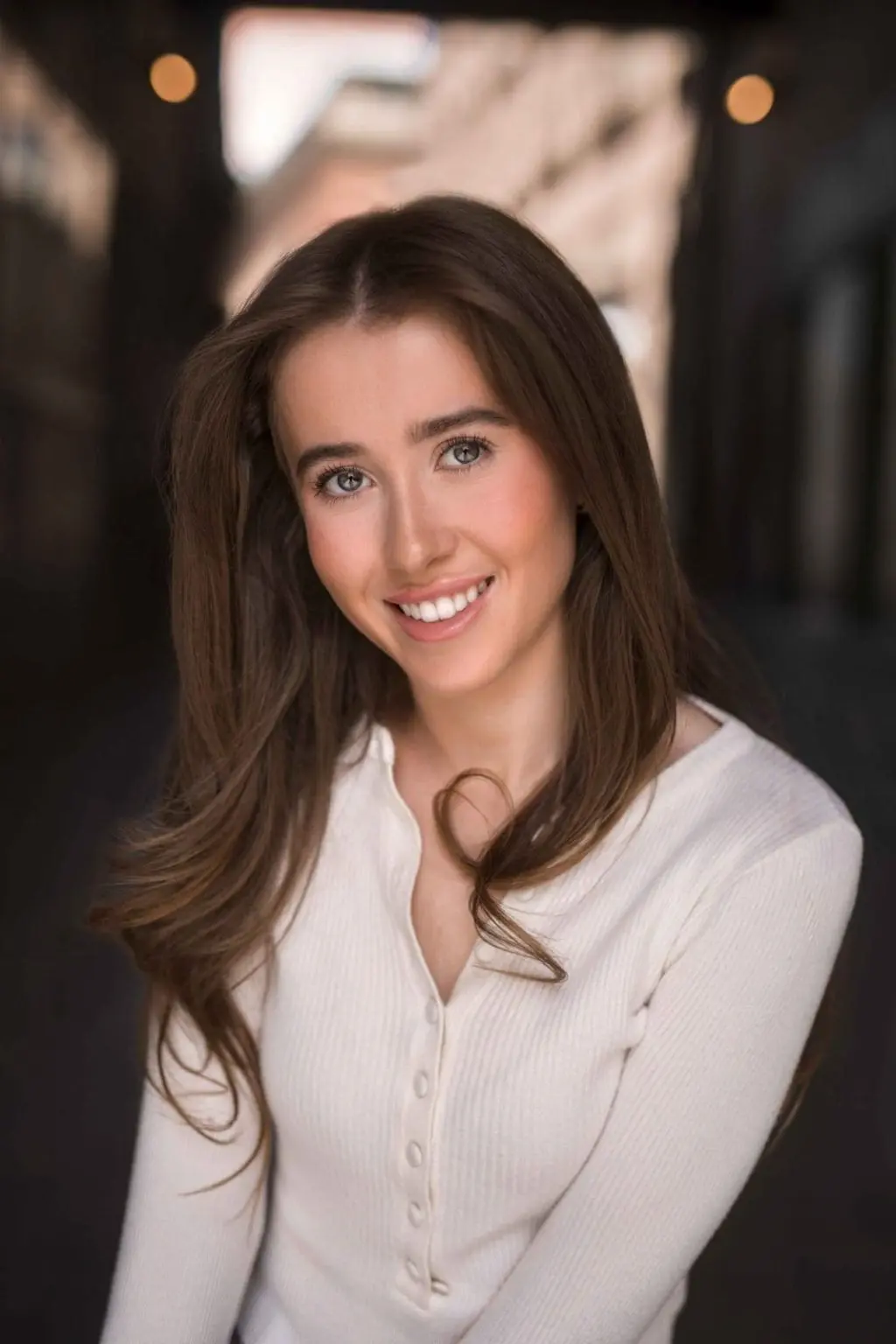 Actress photographed in natural light on a Liverpool street for a casting headshot