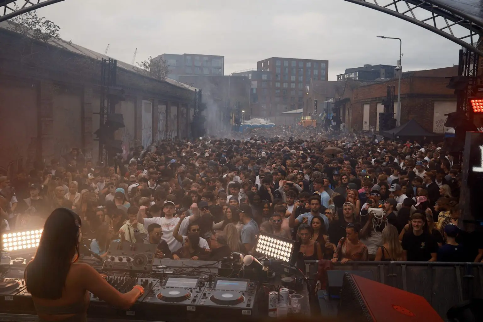 View from the DJ booth across the full crowd at COCO Open Air in the Baltic Triangle, Liverpool