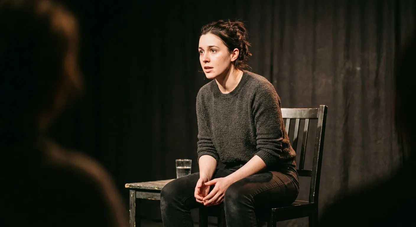 Actress performing a monologue seated under a single stage light