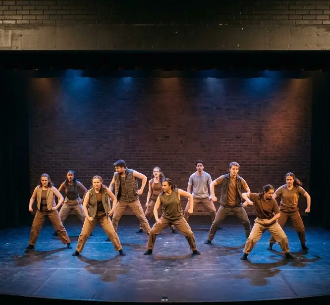 Contemporary dance company mid-routine on an open stage