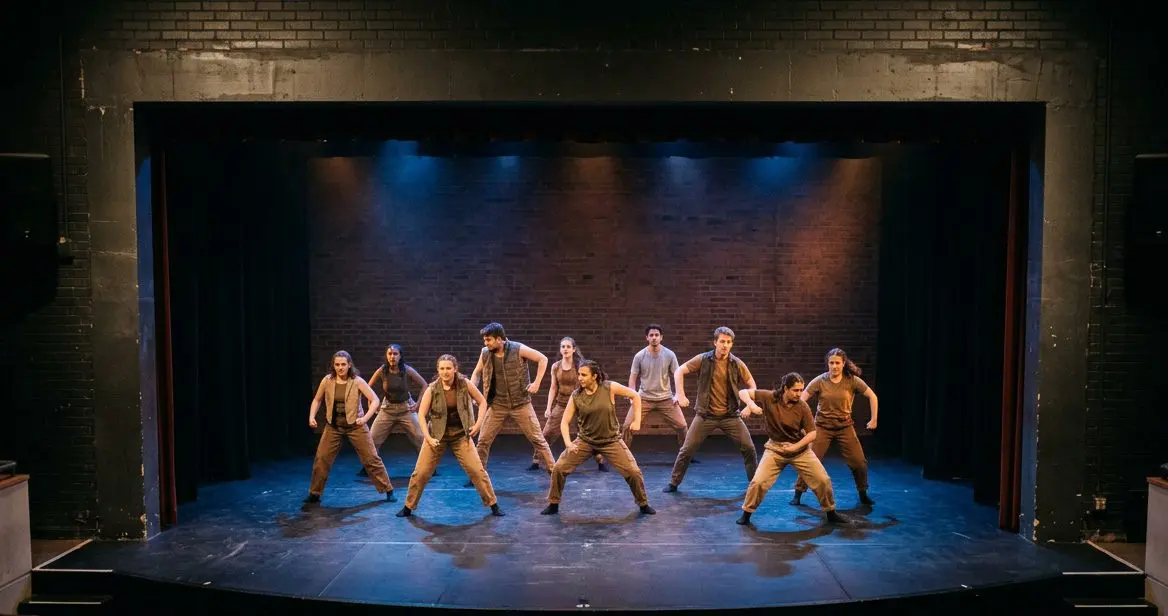 Contemporary dance company mid-routine on an open stage