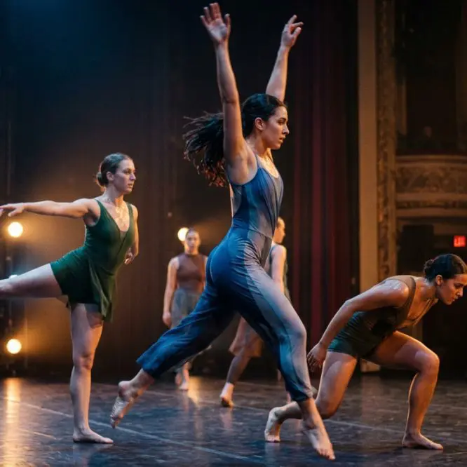 Contemporary dance company performing on a proscenium stage in a theatre