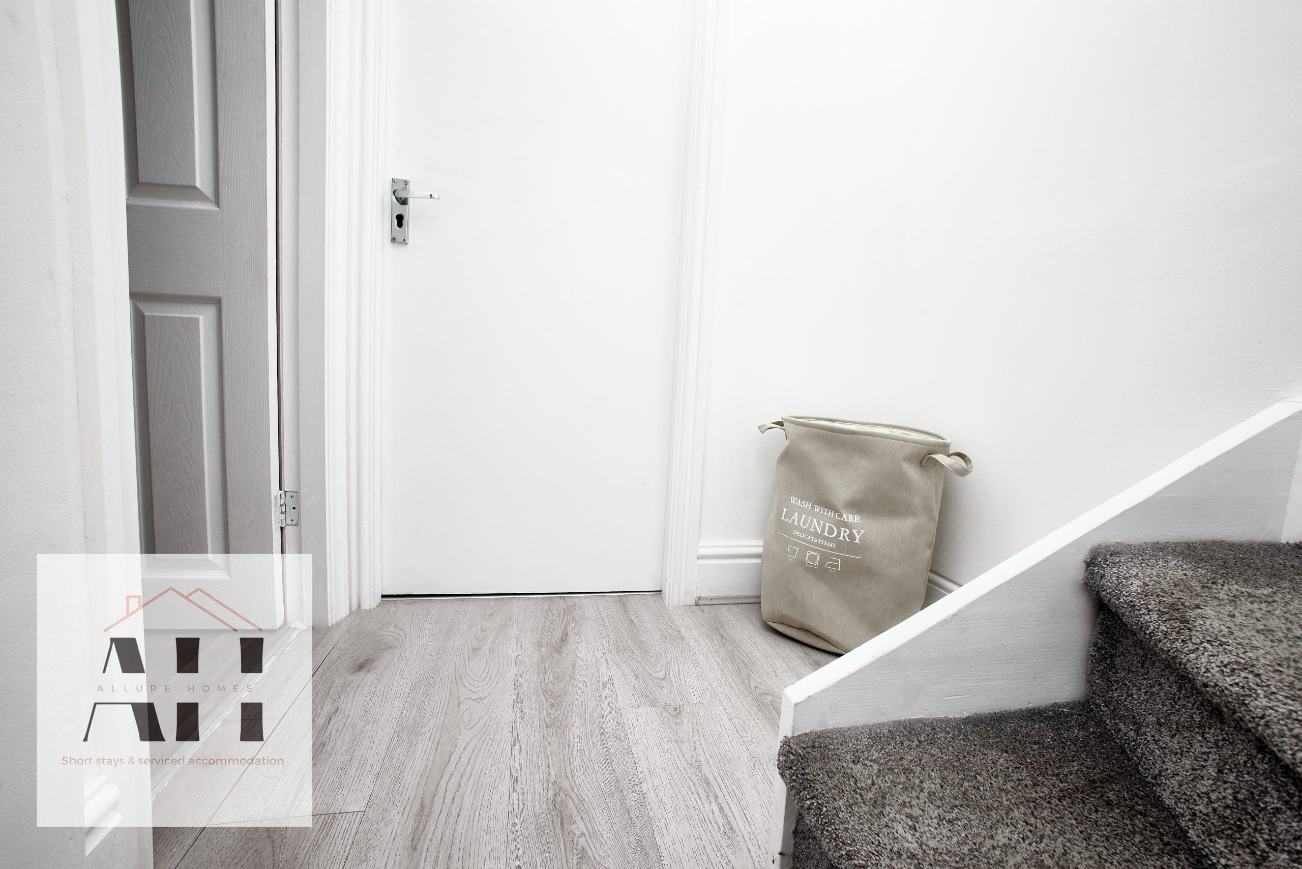 Hallway and staircase photographed for a Liverpool short-let rental property